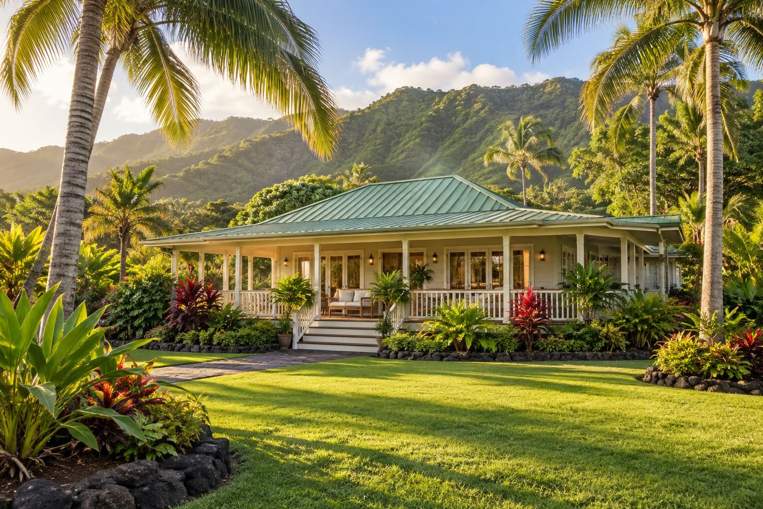 An Oahu home with tropical landscaping, illustrative