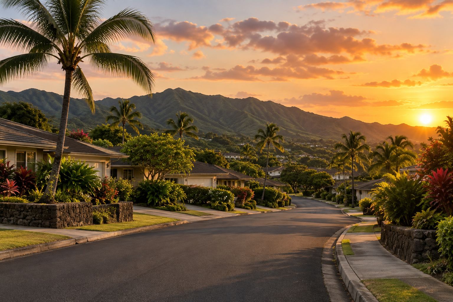 A Honolulu residential street at sunset, illustrative