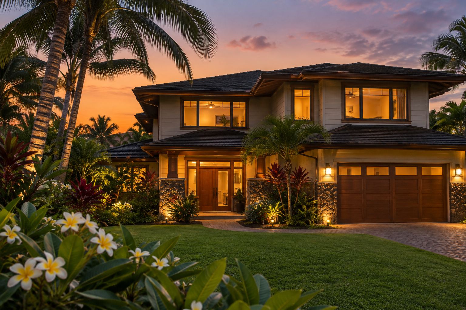 A Honolulu home at dusk, illustrative