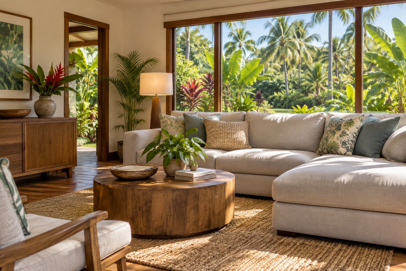 A cozy Honolulu living room, illustrative