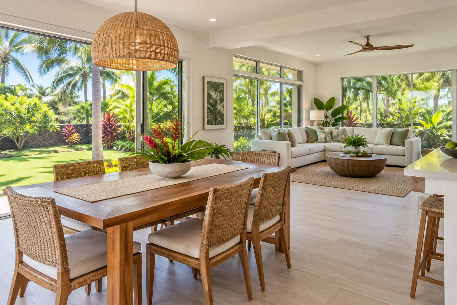 A bright Hawaii living room, illustrative